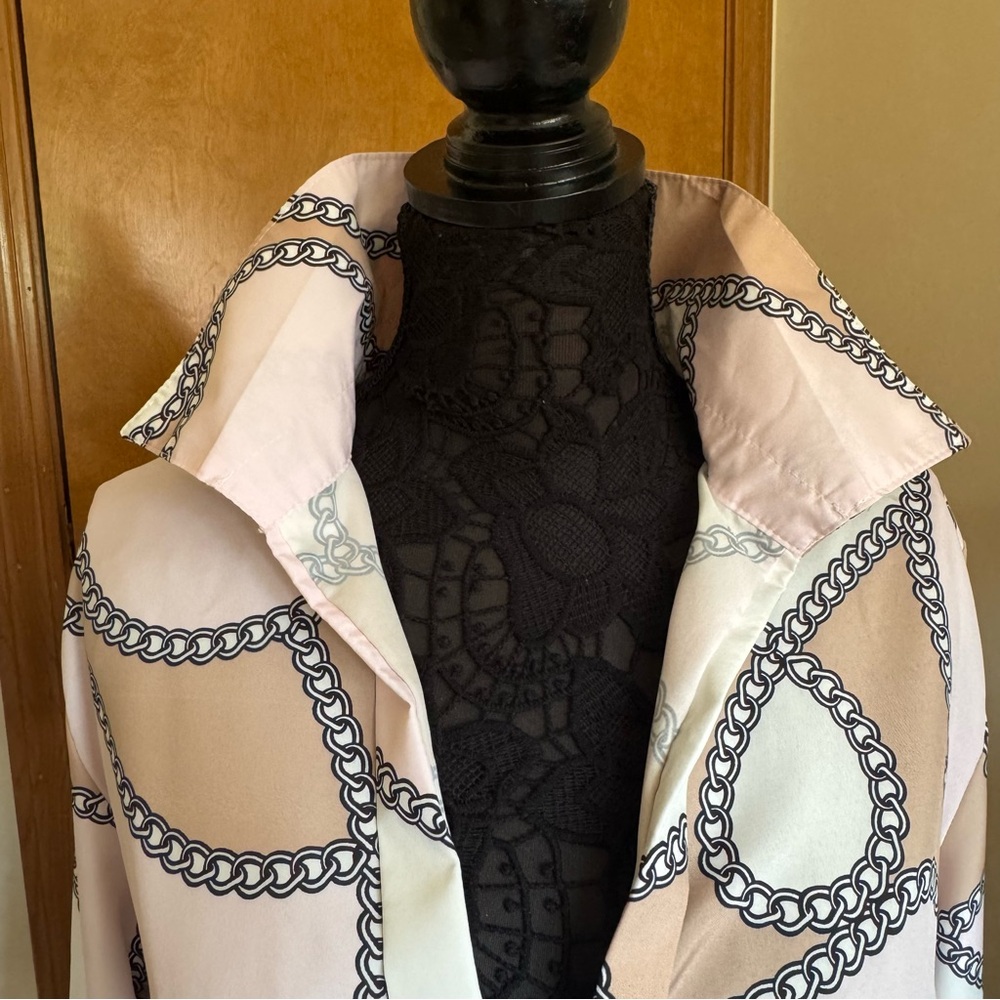 Vintage Beige White Pink Black Cotton Chain Pattern Tailored Blouse XL - Picture 3 of 11